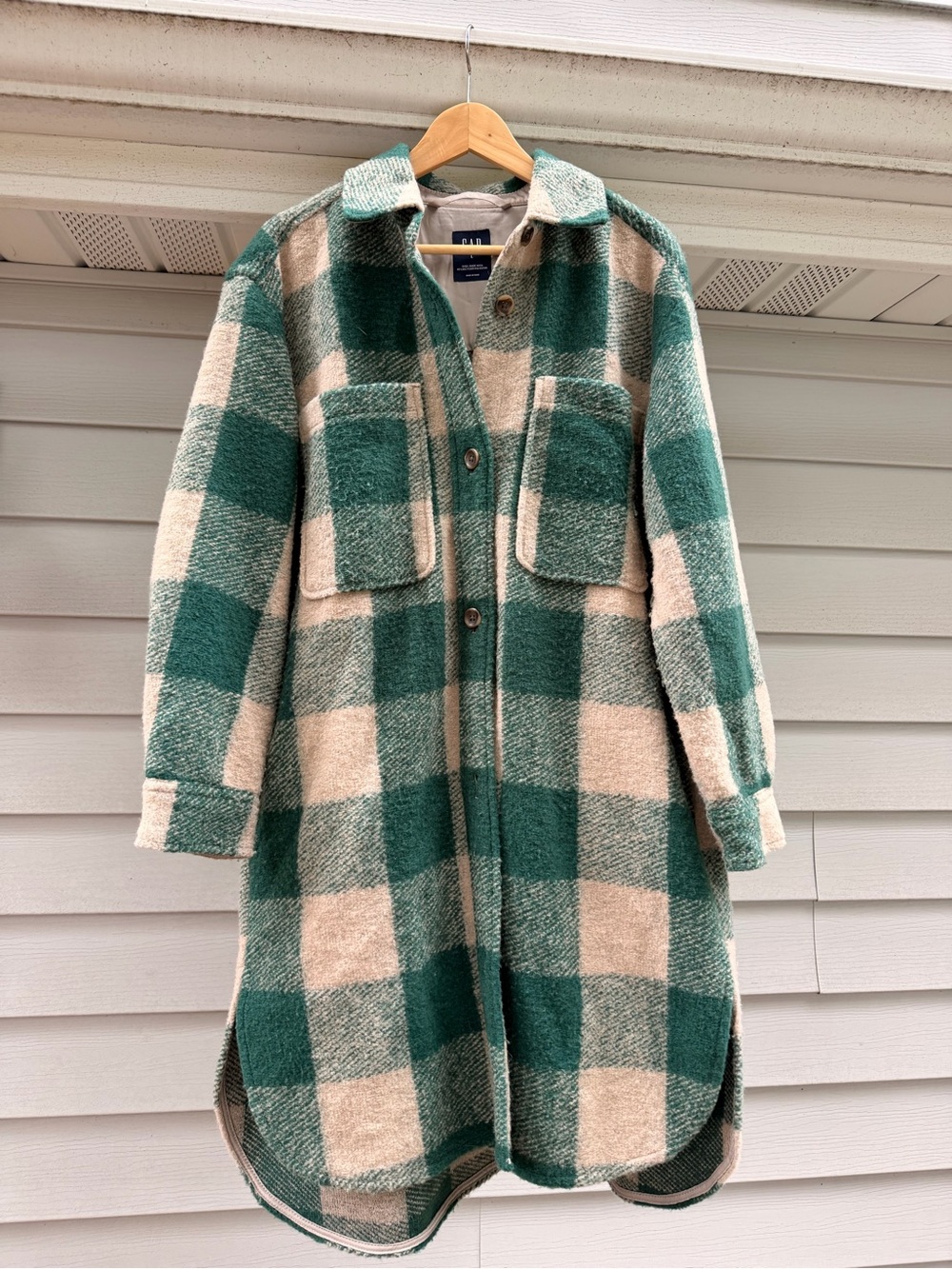 GAP Wool Long Shacket, Green & Cream Plaid